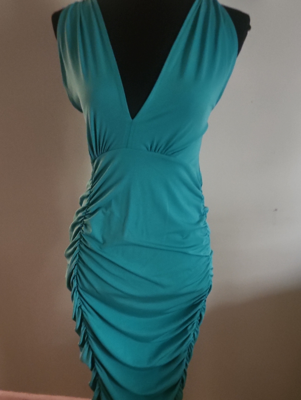Turquoise V-Neck Ruched Bodycon Dress